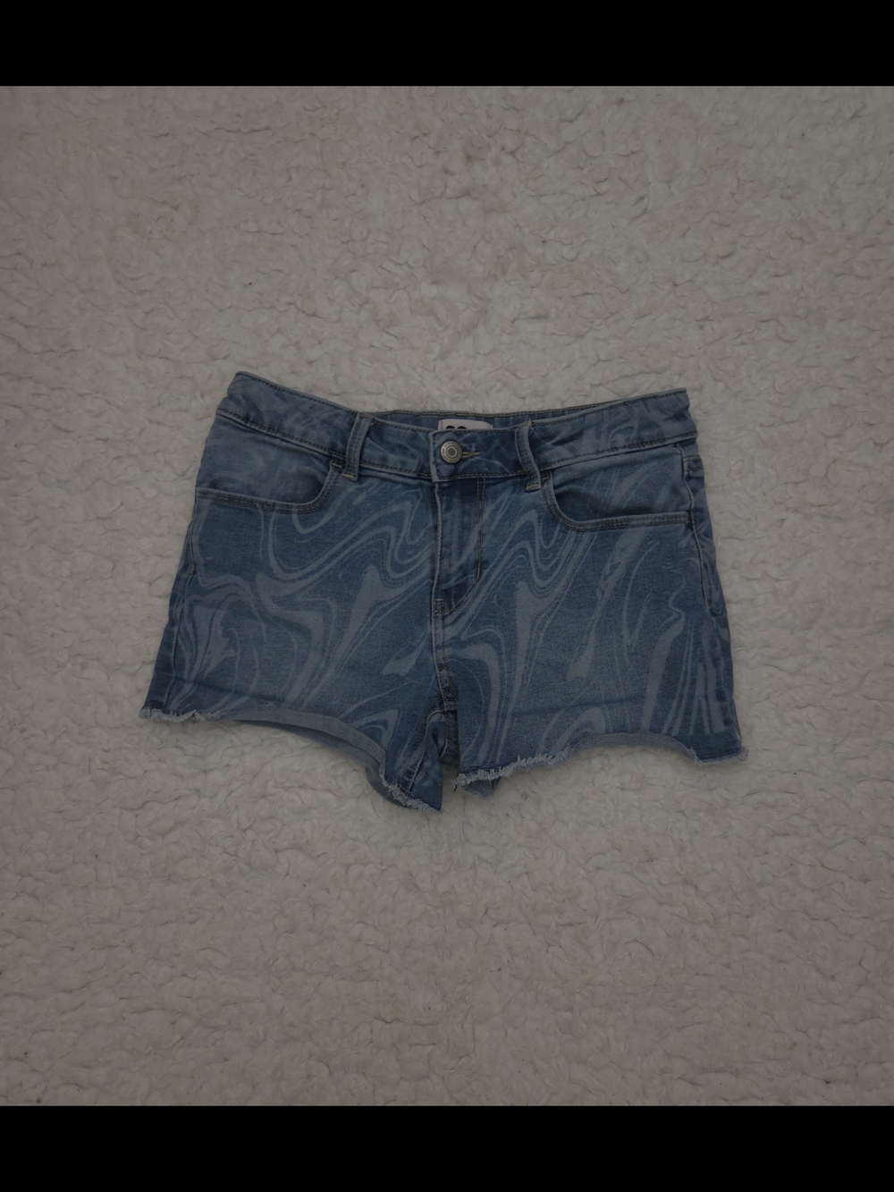 SO Blue Marble-Print Denim Cutoff Shorts